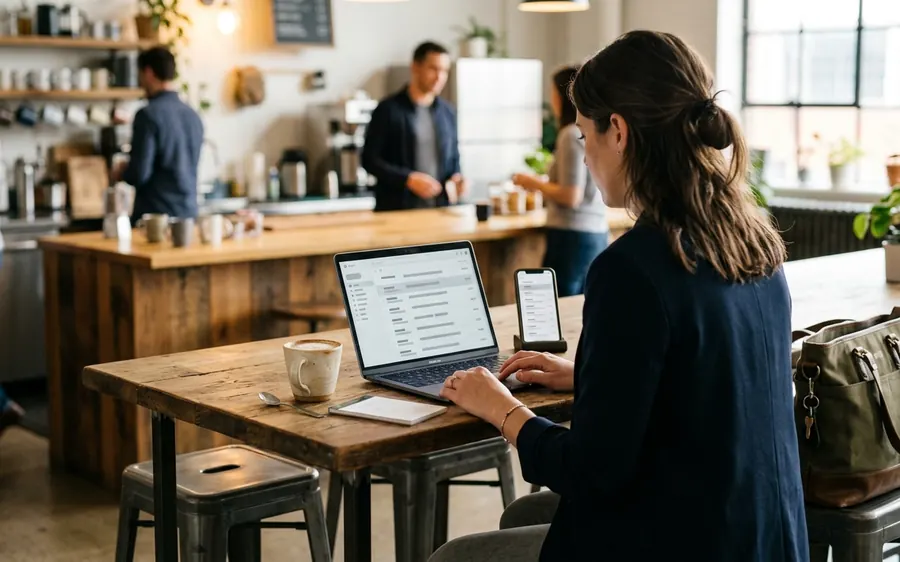 Frau arbeitet mobil mit Laptop und Smartphone am selben Postfach